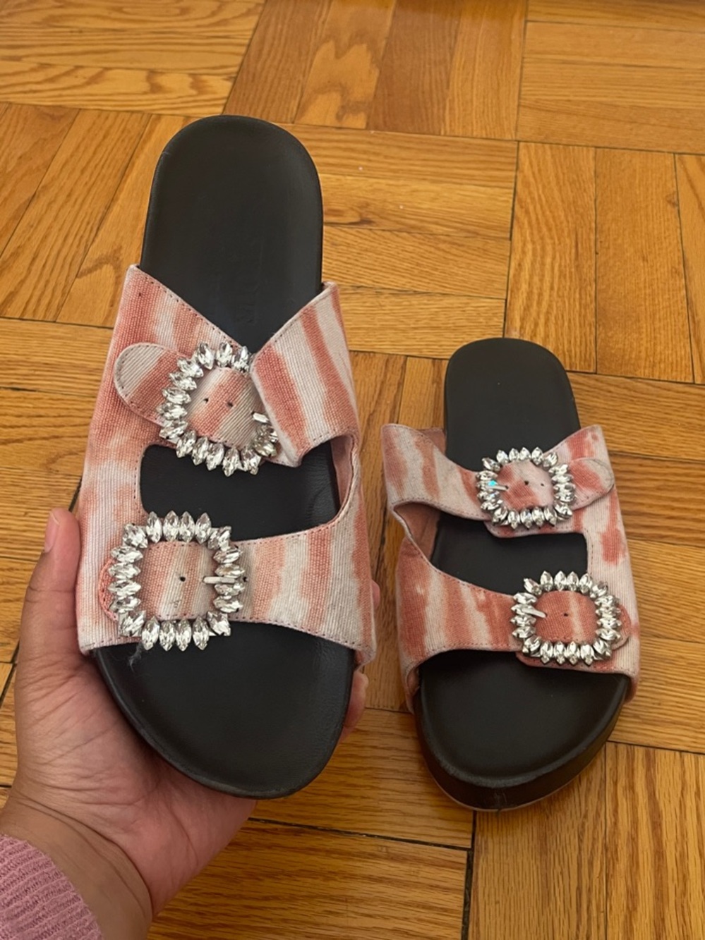 Anthropologie Mystique Pink Striped Crystal-Buckle Slide Sandals
